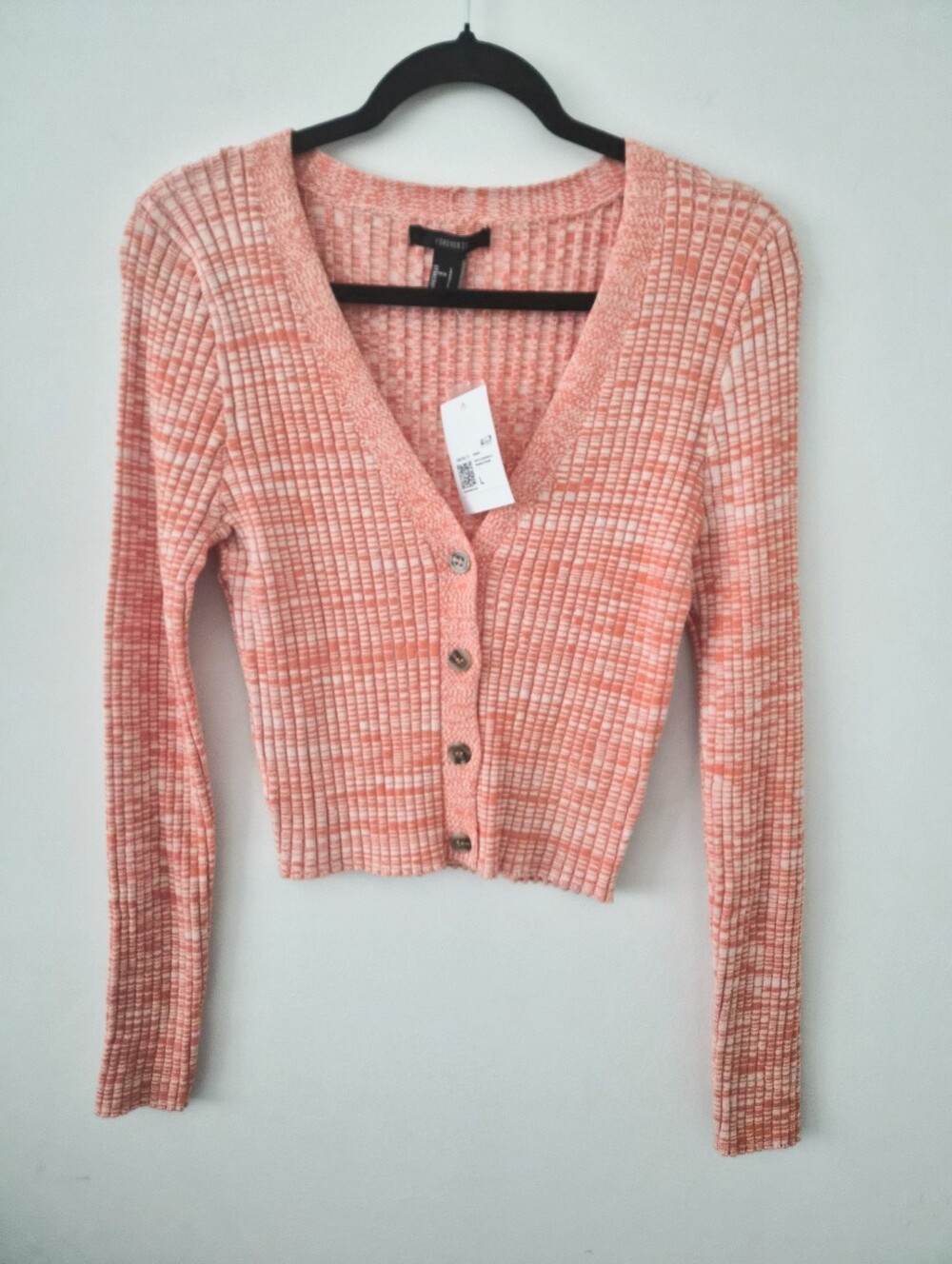 Ribbed V-Neck Button Cardigan - Peach
